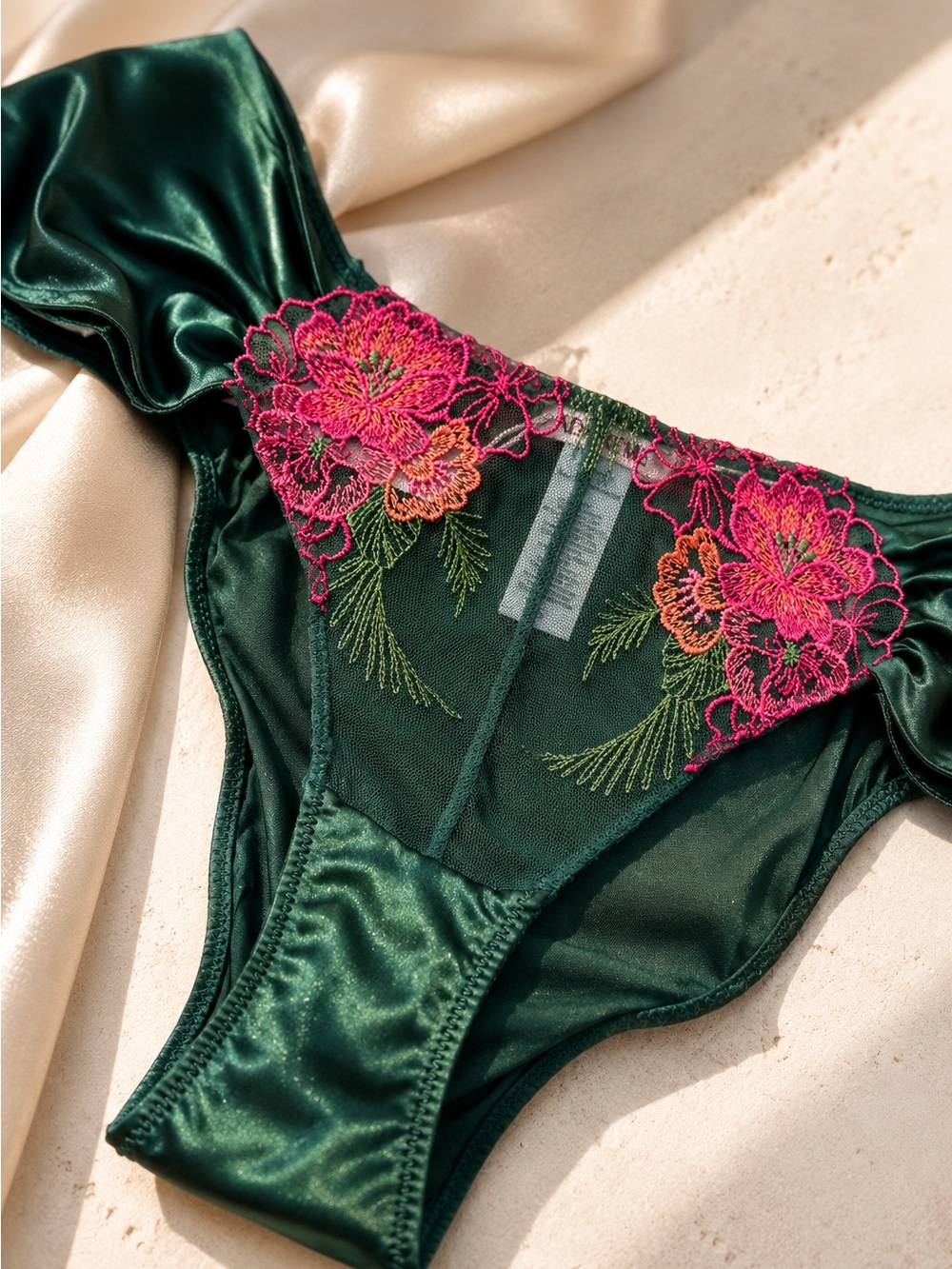 Adore Me Floral Embroidered Sheer Brazilian Panty Green Pink NWT Small